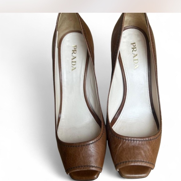 Pradal Leather Camel Tan Square Peep Toe Wedges Size 37 or US 7 - Picture 2 of 10